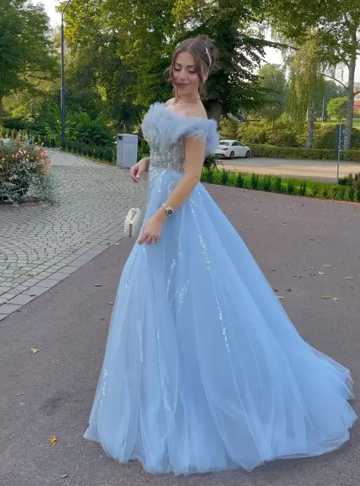 Vestido de noite azul linha A para mulheres, divisão de penas, comprimento do chão, vestido de baile, ocasião formal, moda casamento