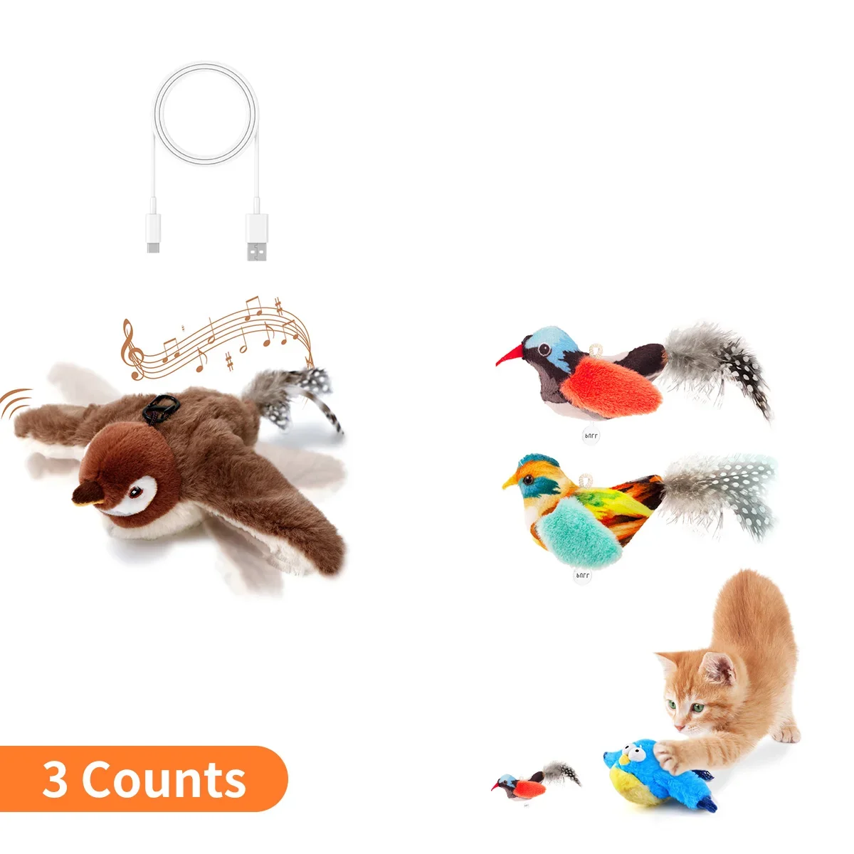 3 Counts Interactive Cat Toy Flapping Wings Bird with Chirping Bird Touch Activated Cat Teaser Bird Teasing Toy, Lifelike Bird