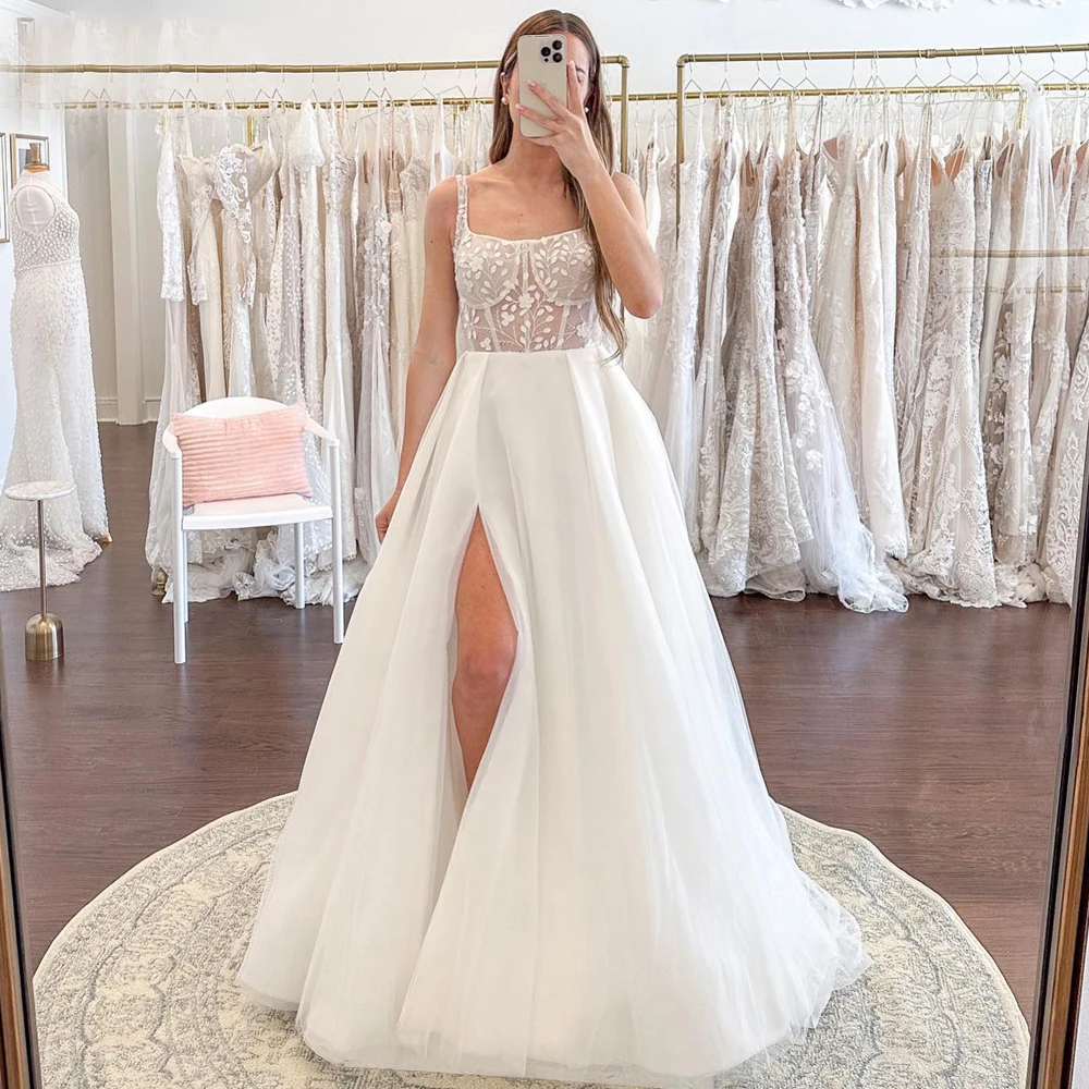 Elegante weiße Frauen Brautkleider Spitze Blumen druck Brautkleider moderne Schatz Gabel Wisch länge Vestidos de Novias