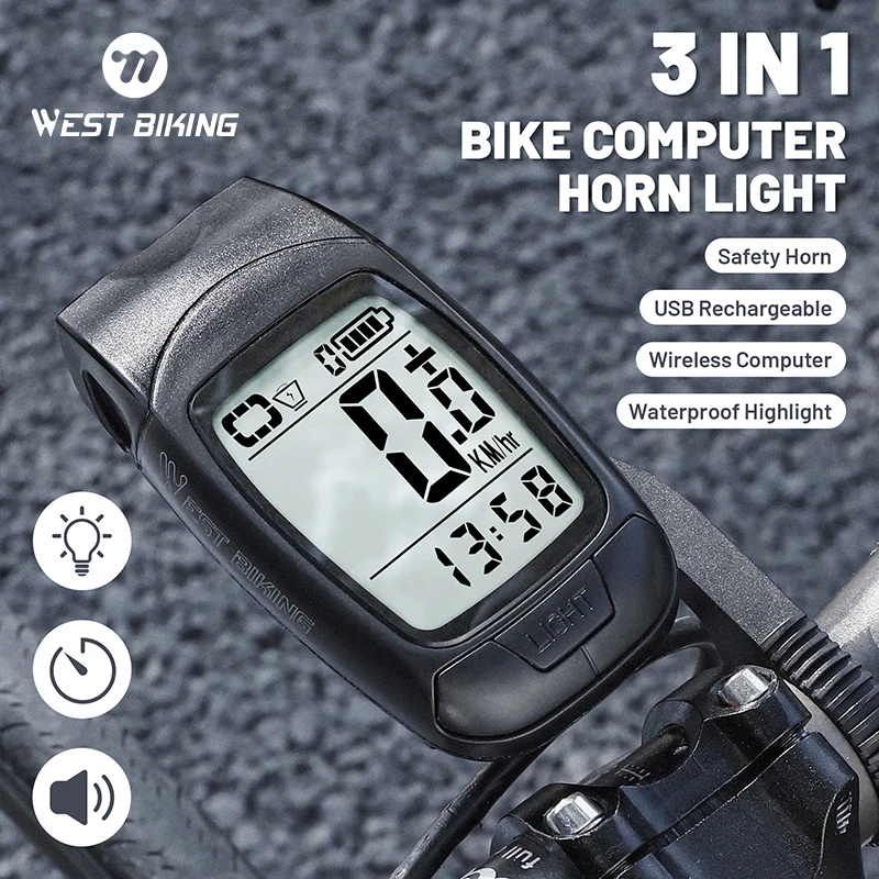 

WEST BIKING 3 in 1 Bike Light Bicycle Computer Flashlight LED Bike Front Light Cycling Horn Waterproof USB Headlight Riding Lamp