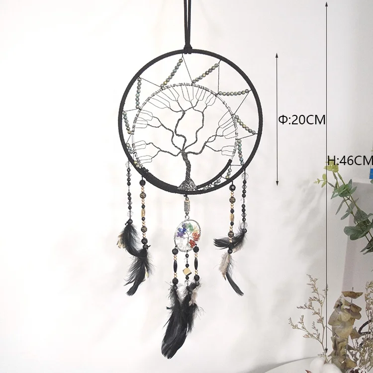 Handmade Wholesale Dream Catcher Home Decoration Black Feather Crafts Gems Tree of Life Dream Catcher