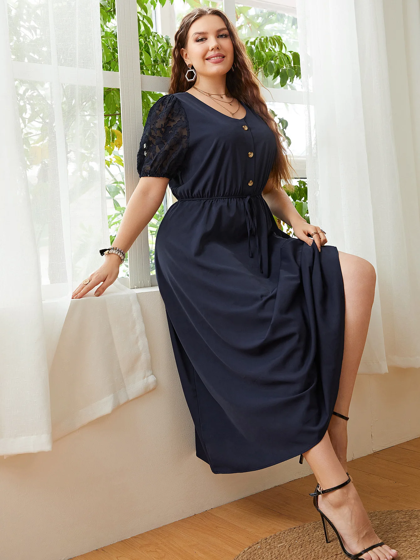 Sukienka Plus Size Krótki Rękaw Solidna Granatowa Długa Sukienka Oversize Wysoka Talia Odzież Damska Długość do kostek Casual O Szyja