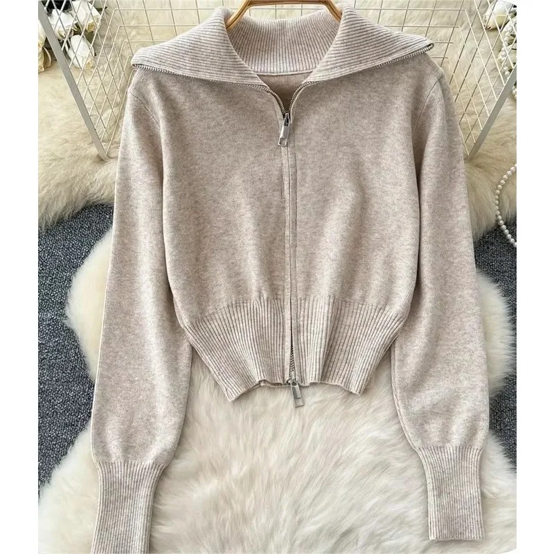 Women Lapel Double Zipper Cropped Knit Cardigan Long Sleeve Slim Waist Knitted Sweater Korean Style Spring Autumn Knit Top
