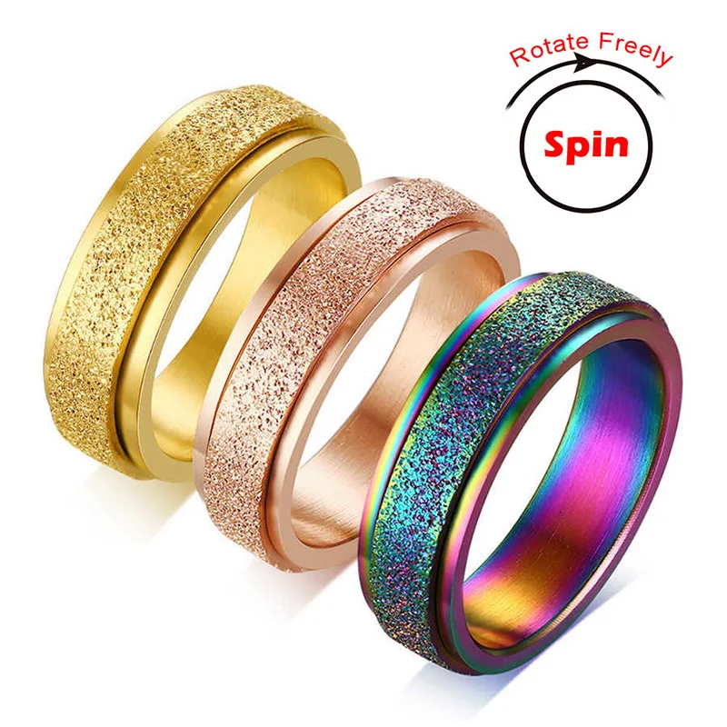 6MM Spinner Ring for Women Men Stress Release Rotatable Sandblasting Stainless Steel Bands Casual Tail Ring Jewelry Gift