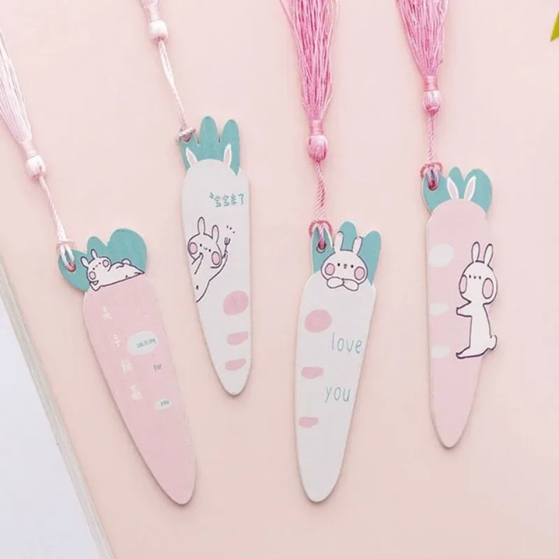 4pcs Bookmark Clip Girl Heart Carrot Rabbit Fringe Hanging Sticker Creative Cartoon Wooden Bookmarks Student Bookmark Clip