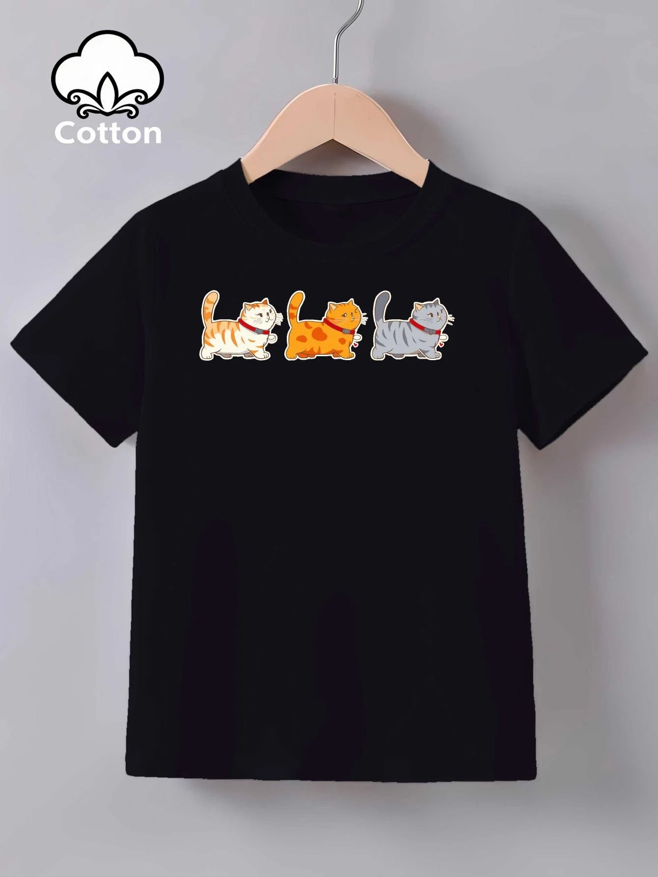 Kids Family Matching T Shirt Three Cute Walking Cats Cartoon Print Short Sleeve Cotton Tops For Boys Girls Daily Casual Outfit