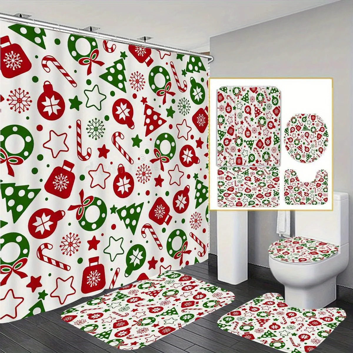 

Рождество с Рождеством 4 шт. Рождественские украшения Набор занавесок для душа, водонепроницаемая занавеска для душа, ковер для ванной комнаты, туалет