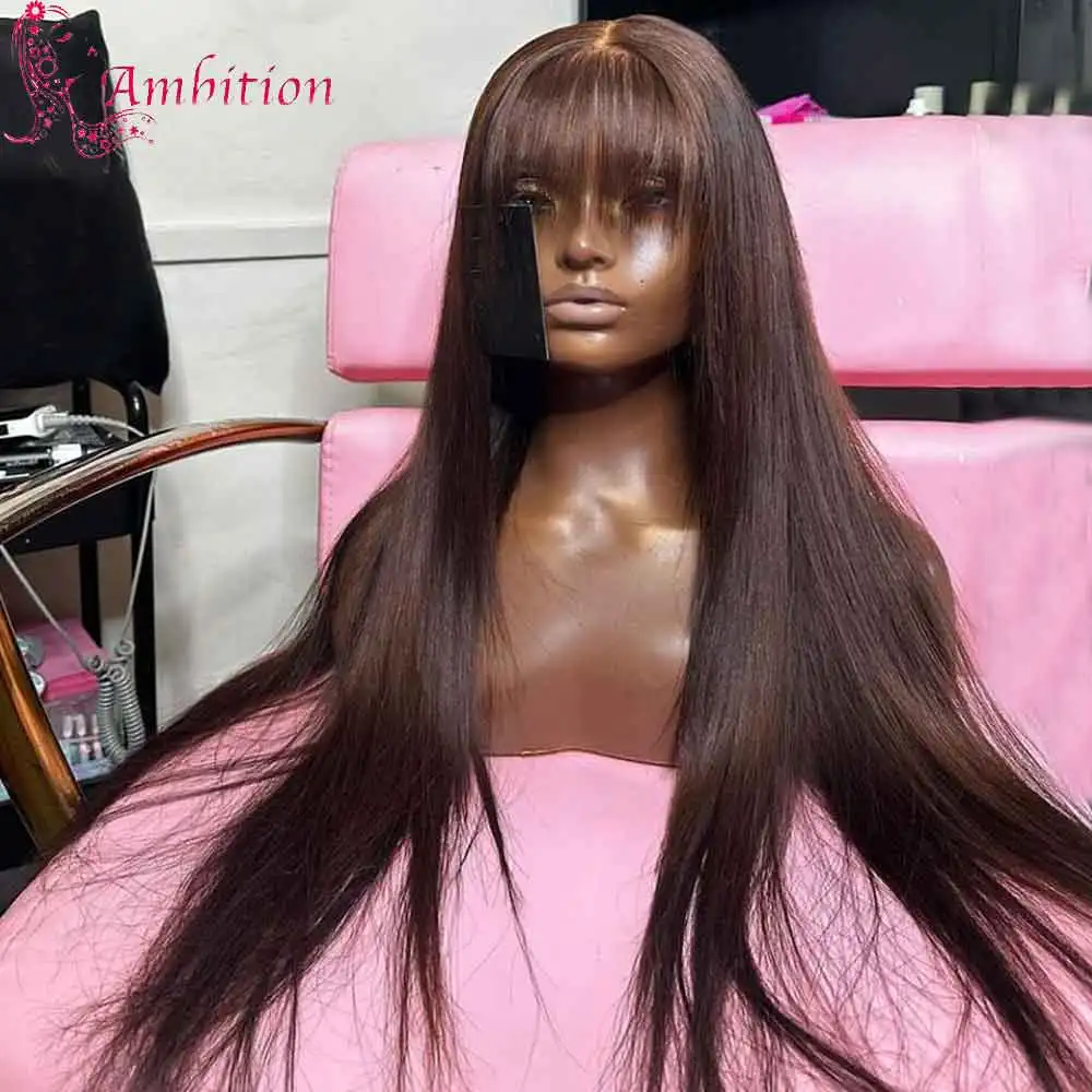 Brown Bang Glueless Lace Front Wigs Preplucked high heat Synthetic fiber Hair Straight Transparent Lace Front Hair Wig with Bang