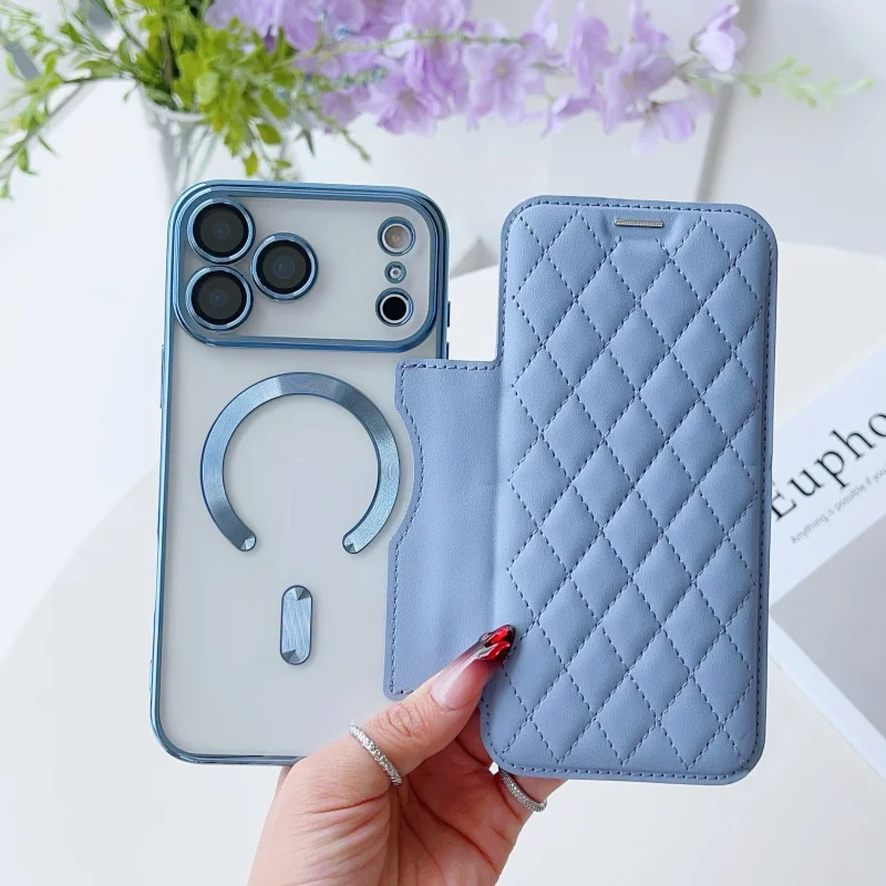 

Case For iPhone 17 16 15 14 13 12 11 Air Pro Max 16e Magnetic Embossed Grid Pattern Leather Full Protective Plating Cover