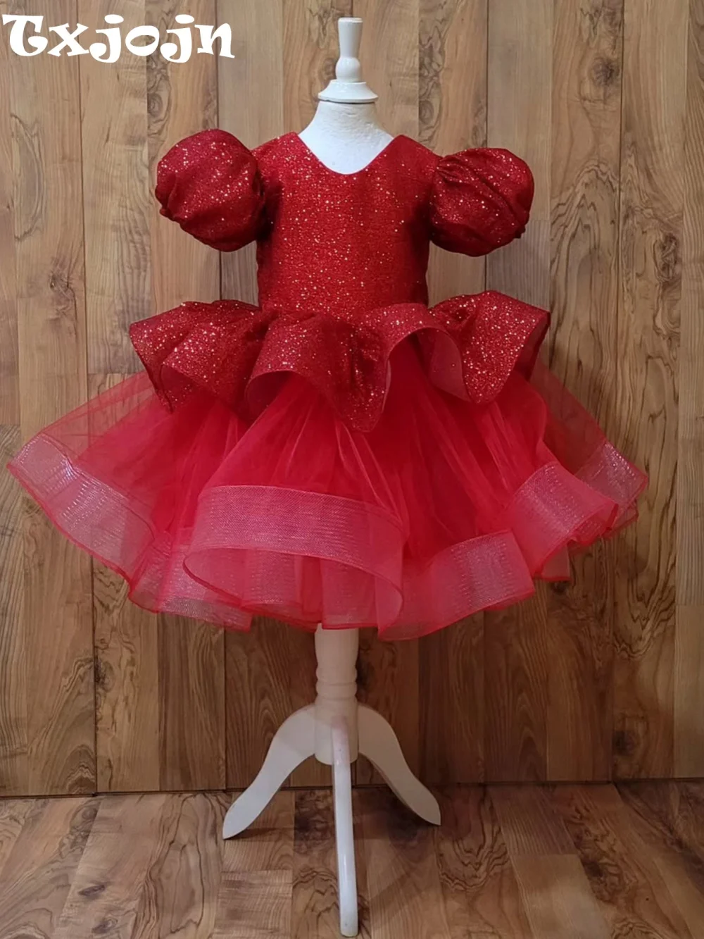 New Christmas Glitter Tulle Princess Gown For Kids Party Wear Sweet Puff Sleeve Girls Dresses For Dancing Performance 80-160cm