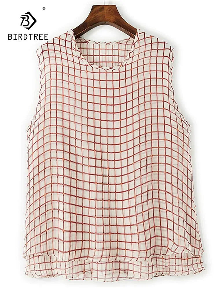 

BirdTree — элегантный шелковый жилет, женский клетчатый жилет без рукавов с круглым вырезом, повседневная универсальная свободная майка в стиле ретро, новинка лета 2025, T58331CC