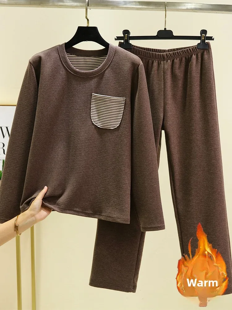 Thickened Fleece Pajamas Set with Pockets Leisure Home Clothes round Neck Long Sleeve Ladies Sleepwear Two-Piece Suit for Winter