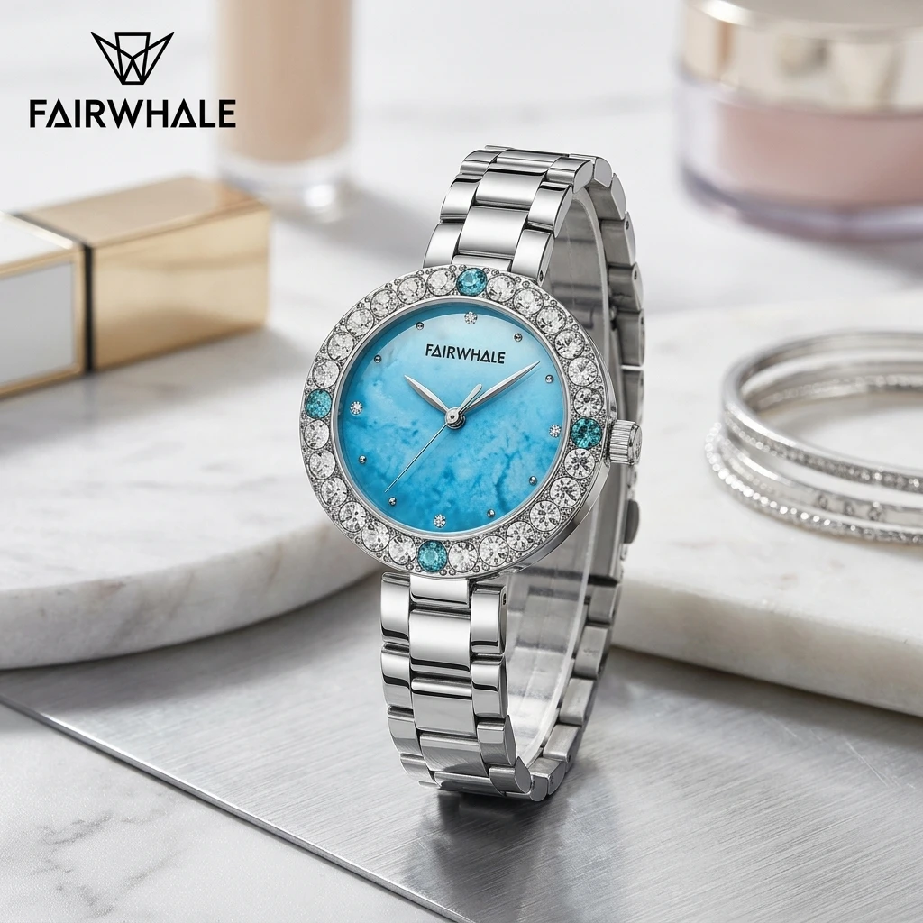 Women Round Quartz Wristwatch Fairwhale Marbled Blue Dial Crystal Encrusted Bezel Silver Metal Band Ladies Watch