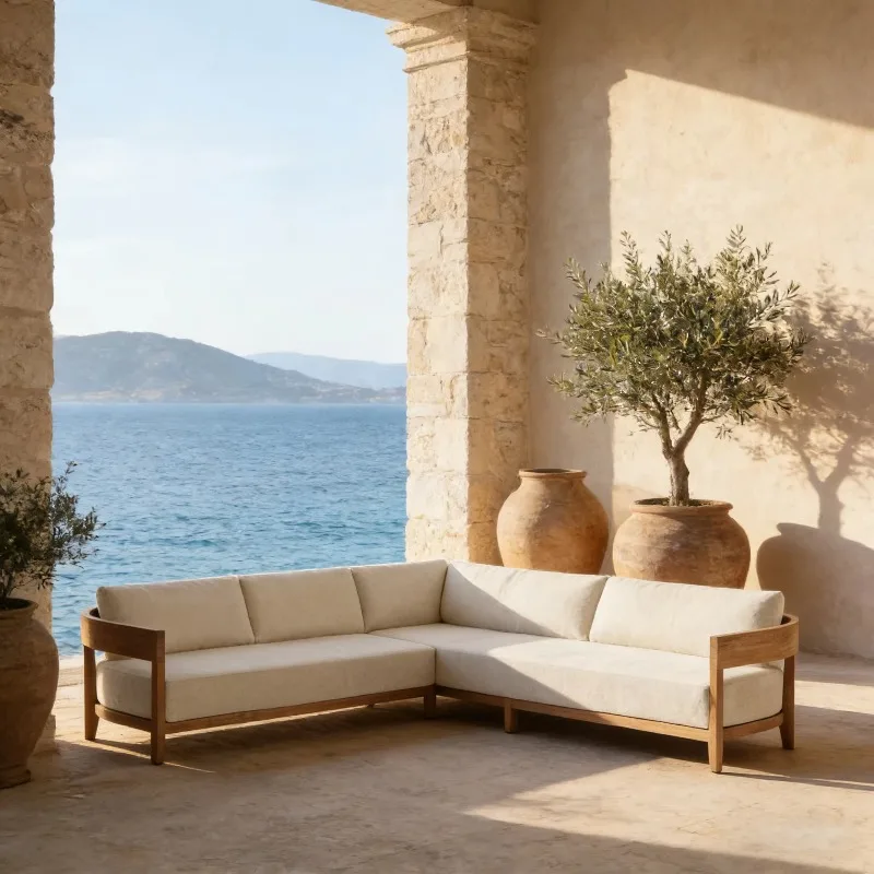 Modular Teak L-Sectional Sofa Set with Waterproof Cushions and Solid Teak Construction for Luxury Villa Sun Deck and  Patio