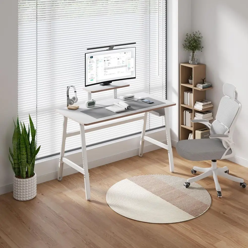 Modern 47 Height-Adjustable Desk for Gaming and Home Office, White Metal Frame, with Monitor Stand