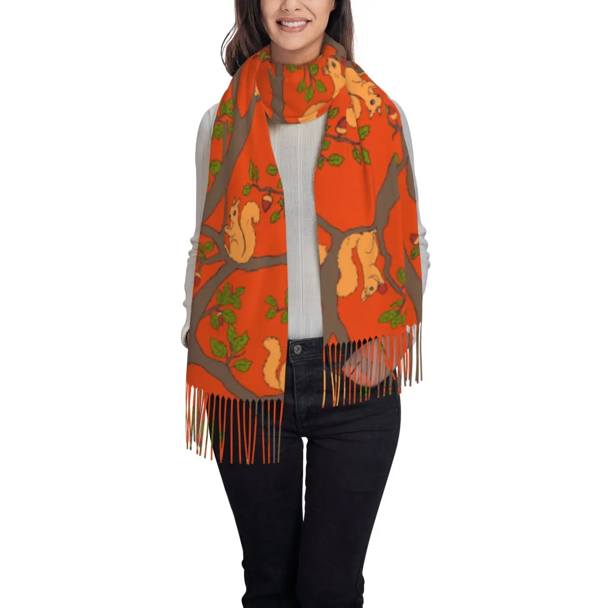 Custom Squirrel And Acorn Pattern On Warm Orange Scarf Wrap Women Long Winter Fall Warm Tassel Shawl Unisex Scarves