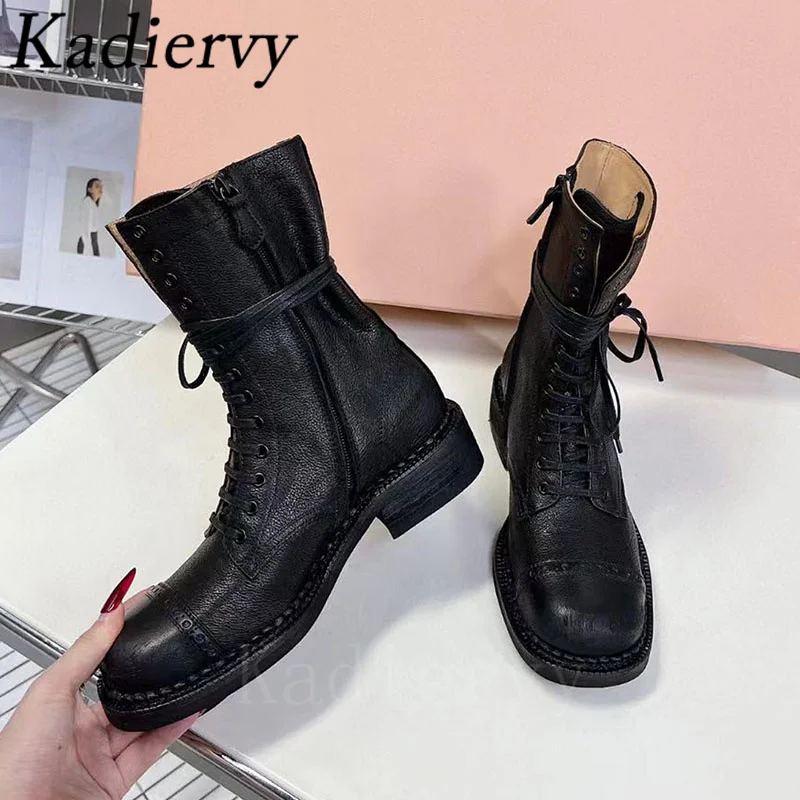 Luxury Quality Genuine Leather Motorcycle Boots Women Black Brown Flat Shoes Woman Round Toe Lace Up Retro Short Boots Woman