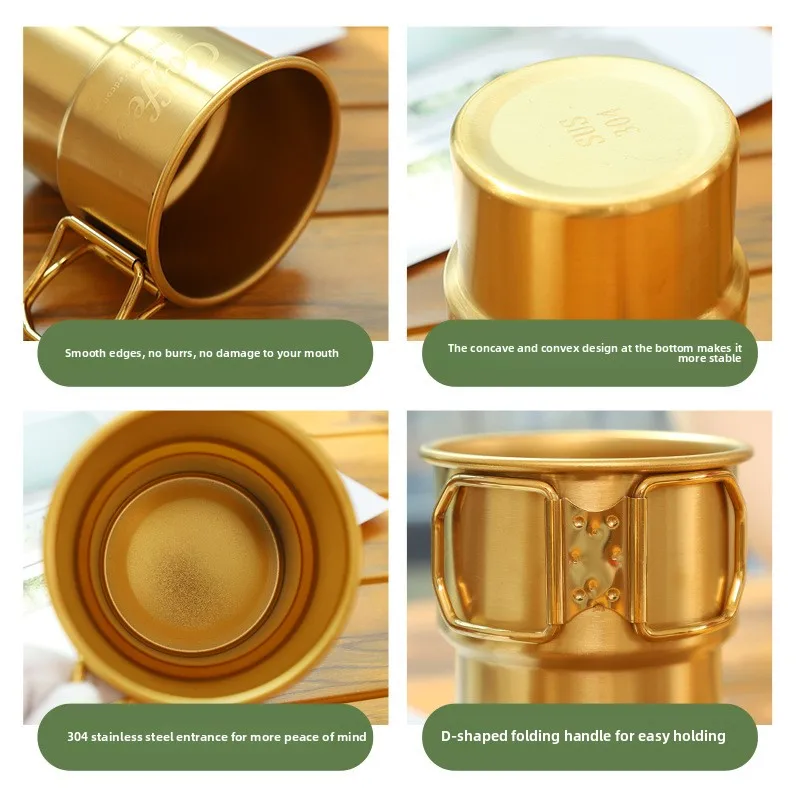 1PCS Stainless Steel Step Cup with Handle, Outdoor Camping Coffee Mug for Hiking Rolled Rim Design Single-Layer Drinking Cup