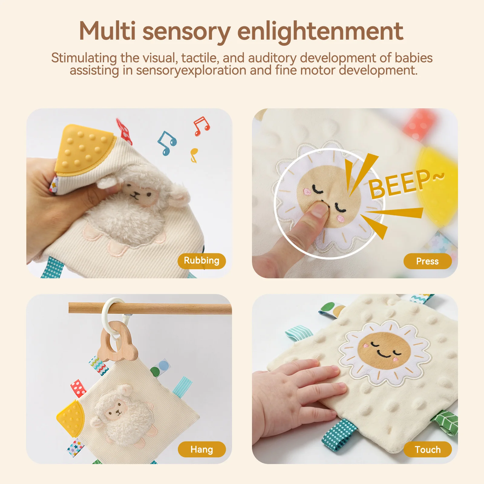 Baby Sensory Security Blanket Lovey, Plush Cartoon Lamb Comforter, Portable Hanging Grasp Toy for Newborn Early Learning