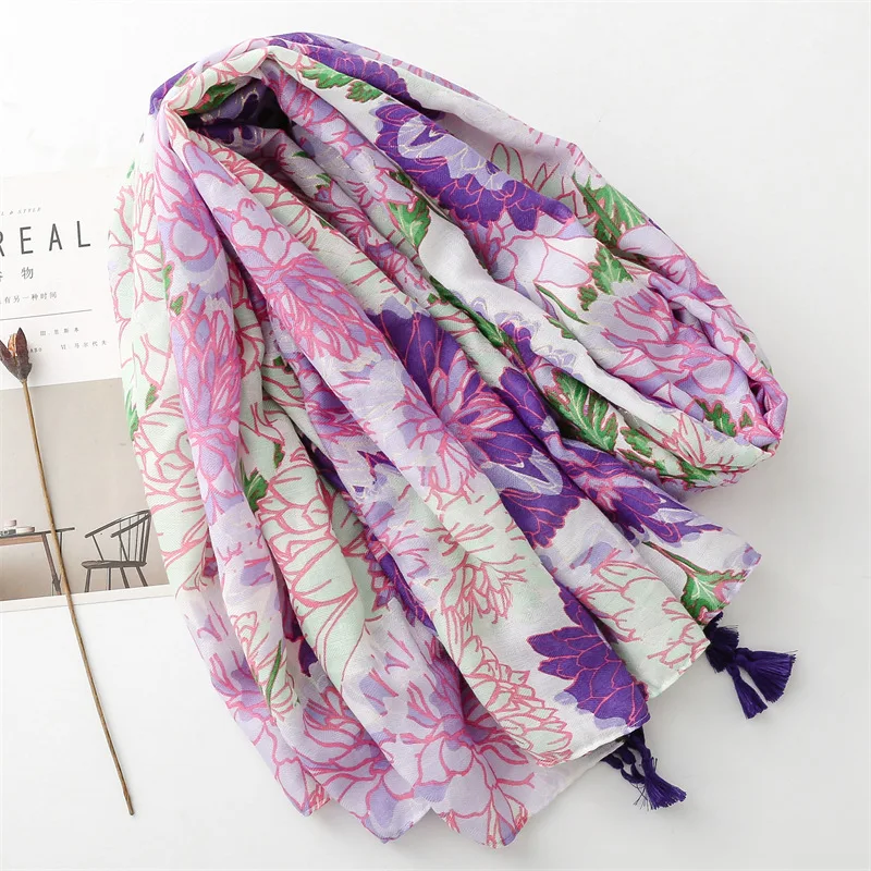 2024 New Women Cotton Scarf flower Print Hijab soft Shawls and Wraps Tessale Female Foulard Designer pashmina Bandana Headscarf