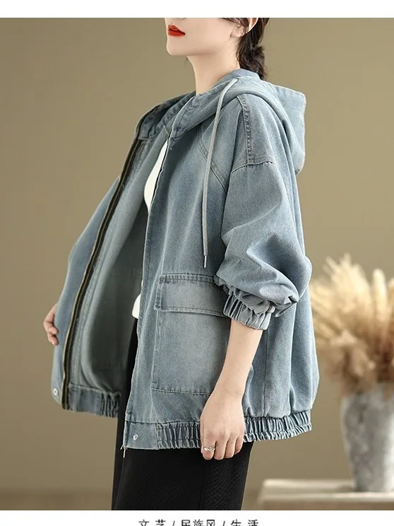 

Свободный крой, джинсовая куртка с капюшоном irt Jaet, женская повседневная верхняя одежда больших размеров Long Sve, утягивающая верхняя одежда, осенний сезон, женский топ