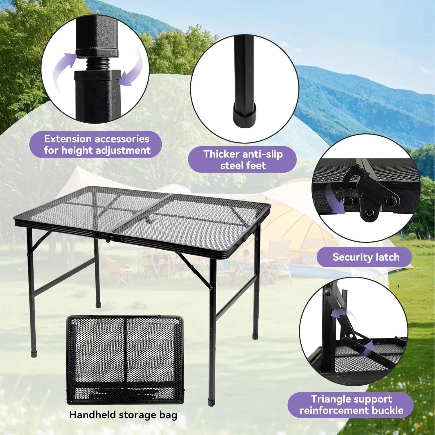 3x2 FT Folding Grill Table Camping Table, Metal Portable Picnic Table, Lightweight Height Adjustable Foldable Table for Outdoor