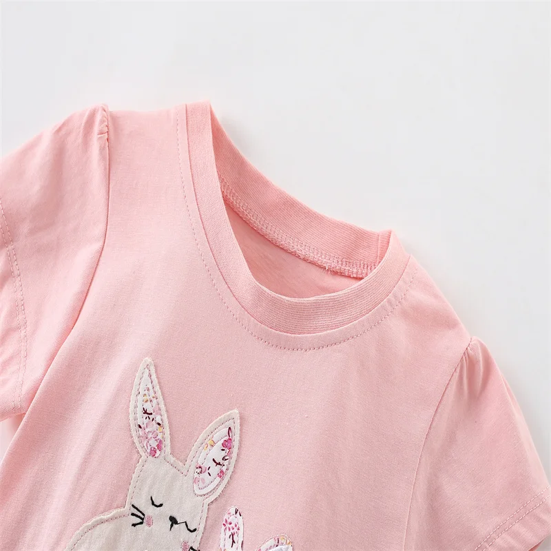Jumping Meters 3-8T New Arrival Bunny Embroidery Hot Selling Cotton Summer Girls Tshirts Baby Clothes Children\'s Tees Tops