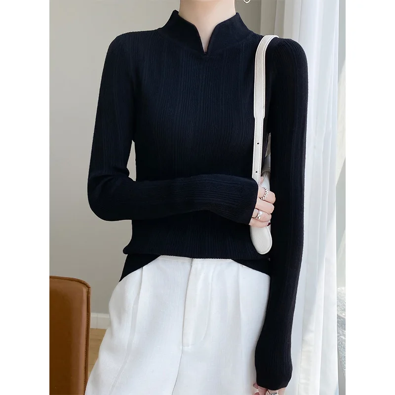 Women's spring Sweater Solid Color Breathable Comfortable And Soft Pullover French Slim Fit 100% Imitation Wool Knitted Top