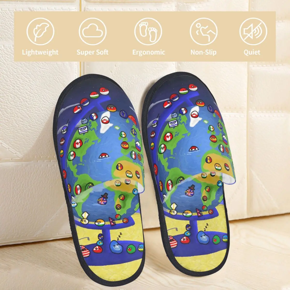 Countryball Cartoon Winter Slippers Indoor Countries Earth Cute Cozy Household Fur Slides Slippers Non-slip