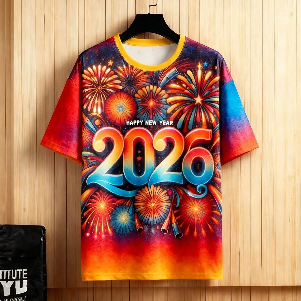 

2026 Unisex New Year Family T-shirt Street Party Short Sleeve Full Sublimation Year Of The Horse Round Neck T-Shirt Top