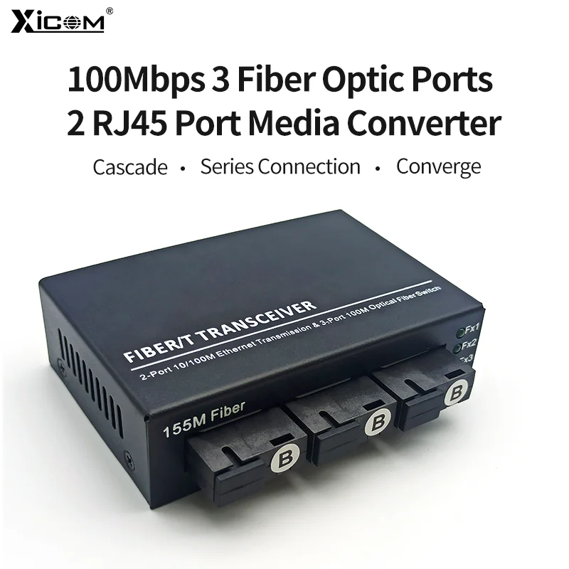 1 Pcs 20KM 10/100M Optical Fiber Switch Media Converter 3 Fiber 2 Rj45 Simplex Ethernet Switch Fiber Transceiver Single Mode