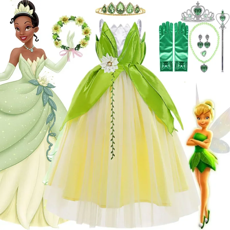 Carnival Girls Tiana dress Up Princess and the Frog Child Halloween Cosplay Costume Party Toddler Forest Green Elf Dresses