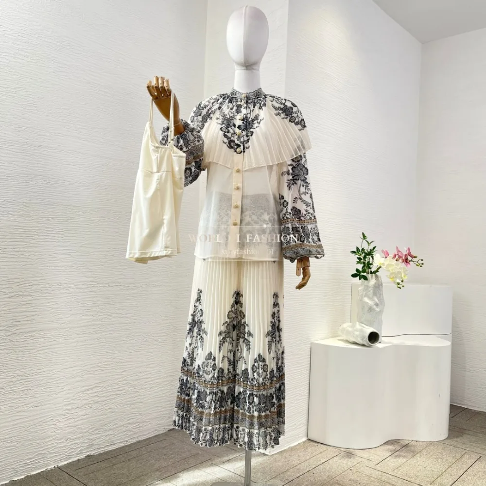 

White Floral Print Long Sleeve Lantern Sleeve Pleat See Through Blouse Tops and Midi Skirt Set 2025