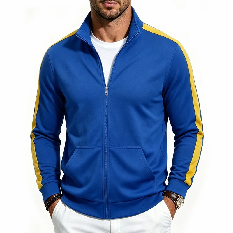Men Color Block Striped Sleeve Full Zip Stand Collar Sweat Jacket With Kangaroo Pocket Casual Track Top