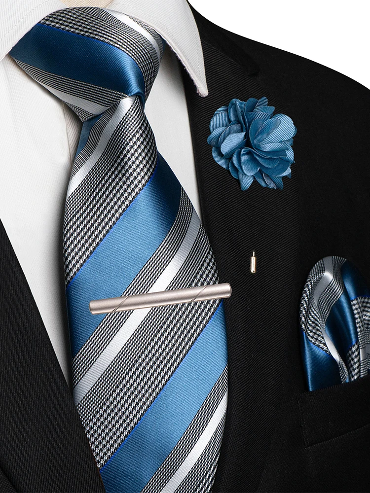 ﻿Luxury Purple Blue Striped Ties for Men 8cm Width Wedding Business Casual Necktie Pocket Square Brooch Set Men Gift Accessories