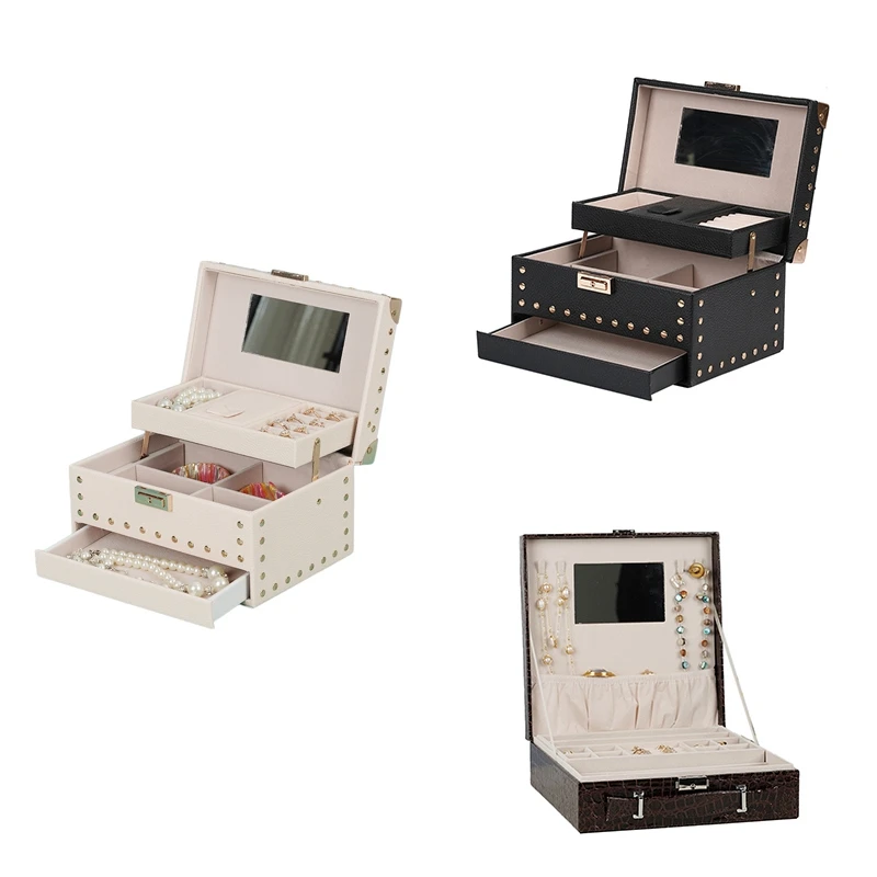 

New 3-Layer Jewelry Box With Lock Pu Leather Earring Box Ring Jewelry Box Jewelry Display Box Jewelry Box Durable Beige