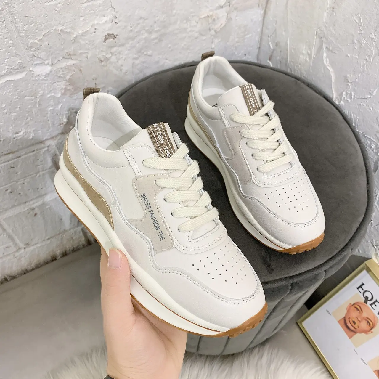 Women Sneakers Spring Autumn Patchwork Casual Flats Fashion Women's Lace-Up White Shoes Thick Heeled Girls Beige Sneakers