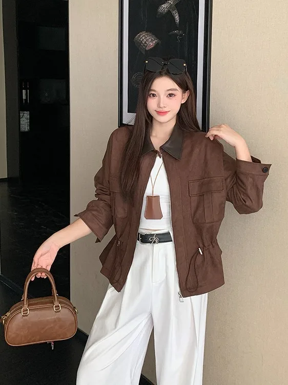 

plus Size American Retro Patchwork Lapel Leather Jacket Women's Autumn Winter Loose Versatile Jacket Trendy Top Commute Style