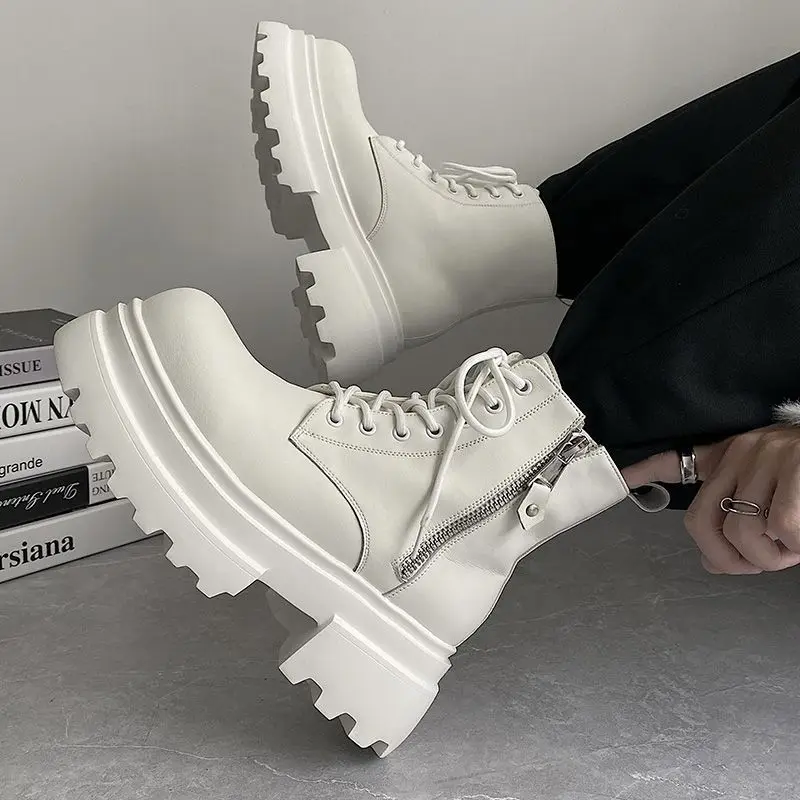 

Мужские модные ботинки на платформе в стиле панк-рок, черно-белые, из натуральной кожи, ковбойские, весенне-осенние, дизайнерские, стильные, до щиколотки, для мужчин