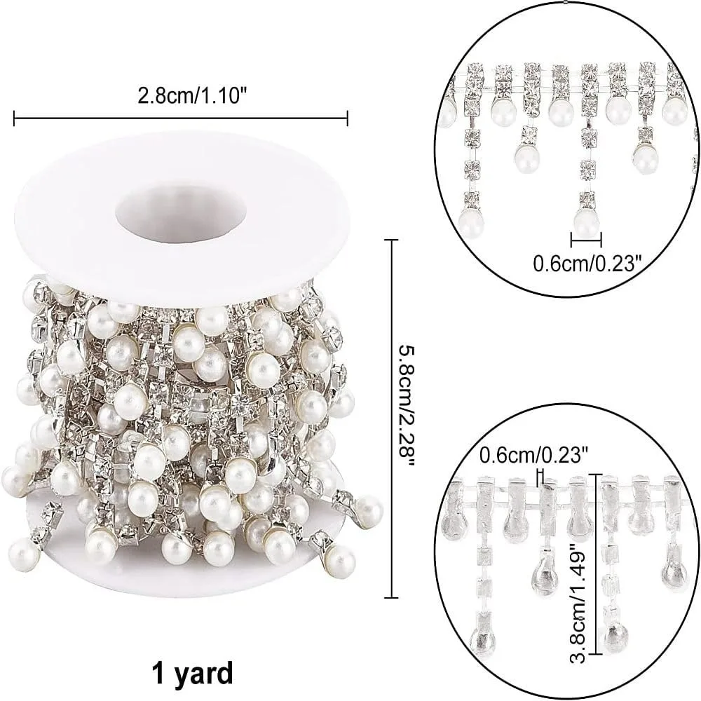 1 Yard Pearl Rhinestone Trim Imitation Pearl Rhinestone Chain Sparkle Crystal Rhinestone Trim Pearl Bead String for Wedding