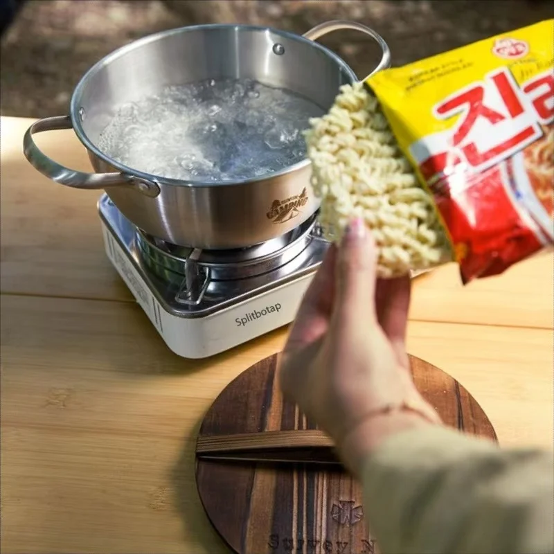 Outdoor Camping Binaural 304 Stainless Steel Wooden Cover Small Soup Pot non-Stick Cooking Noodle Stew Rice Special Incense ~