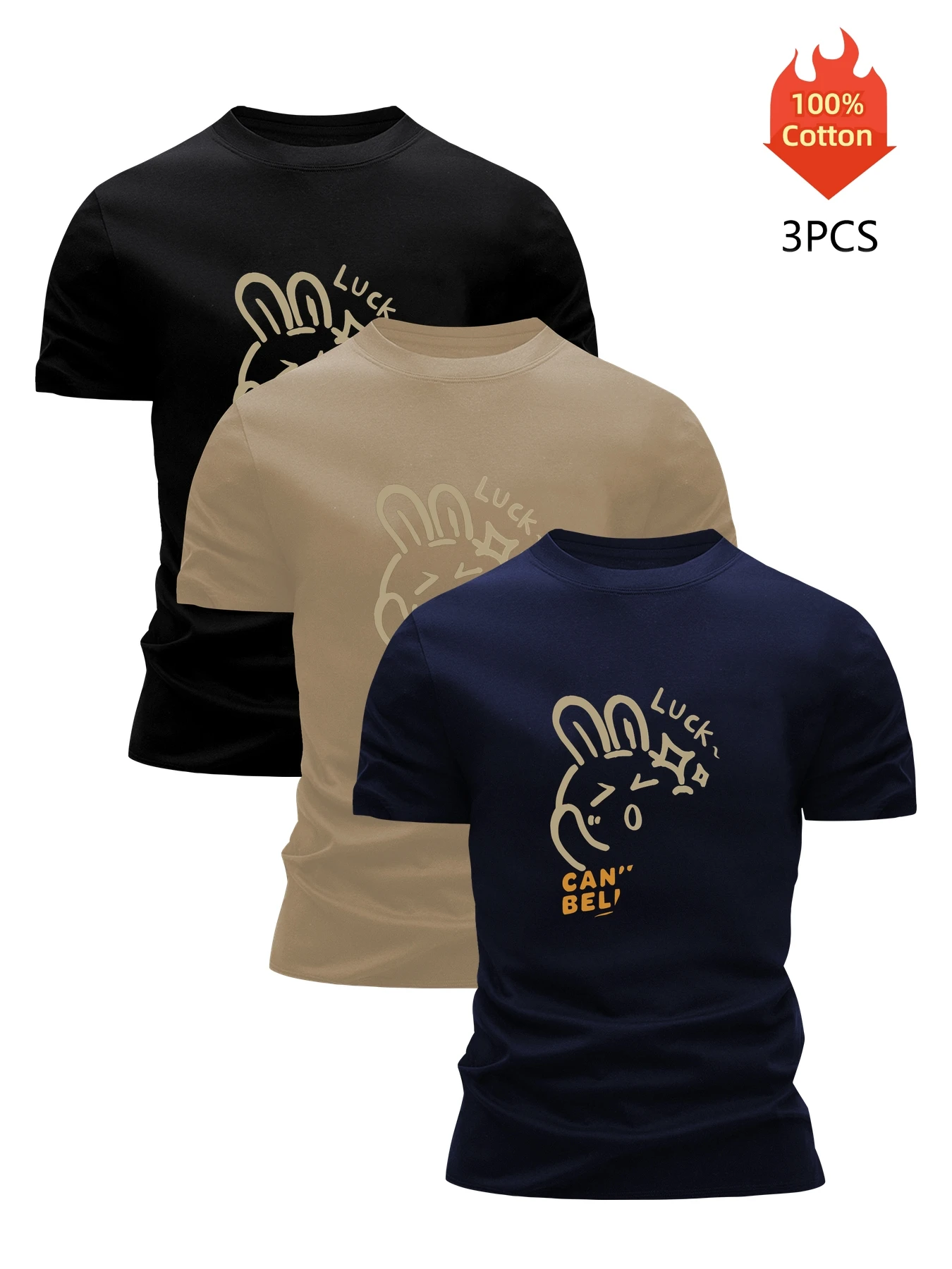 Printed T-Shirt 3 Pack Men's 100% Cotton Graphic Tees Funny Summer Blouse Casual Breathable Cool Luxury High Quality Clothing