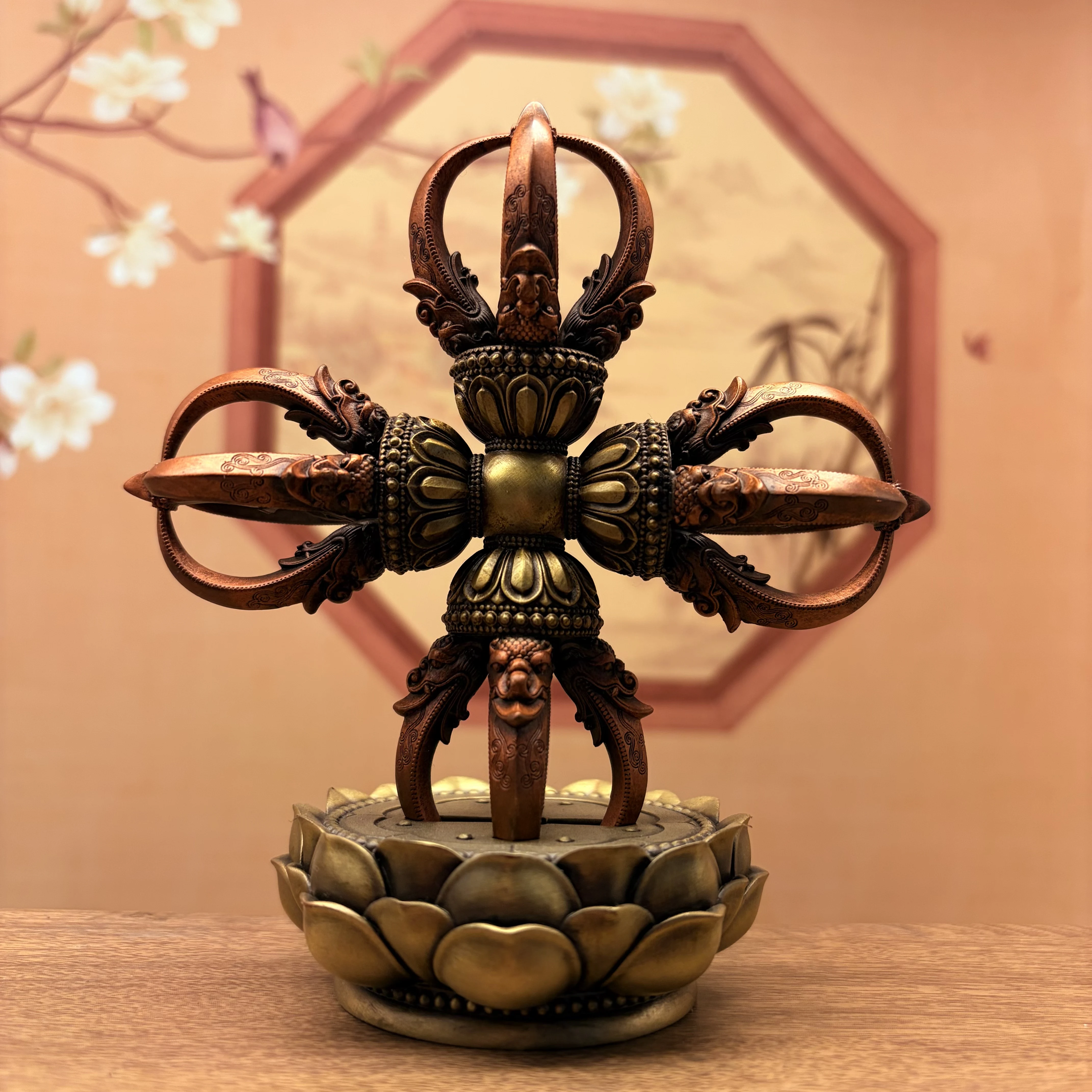 Tibetan Pure Copper Five-Prong Vajra Cross Vajra with Lotus Base 13cm Home Altar Ritual Blessing