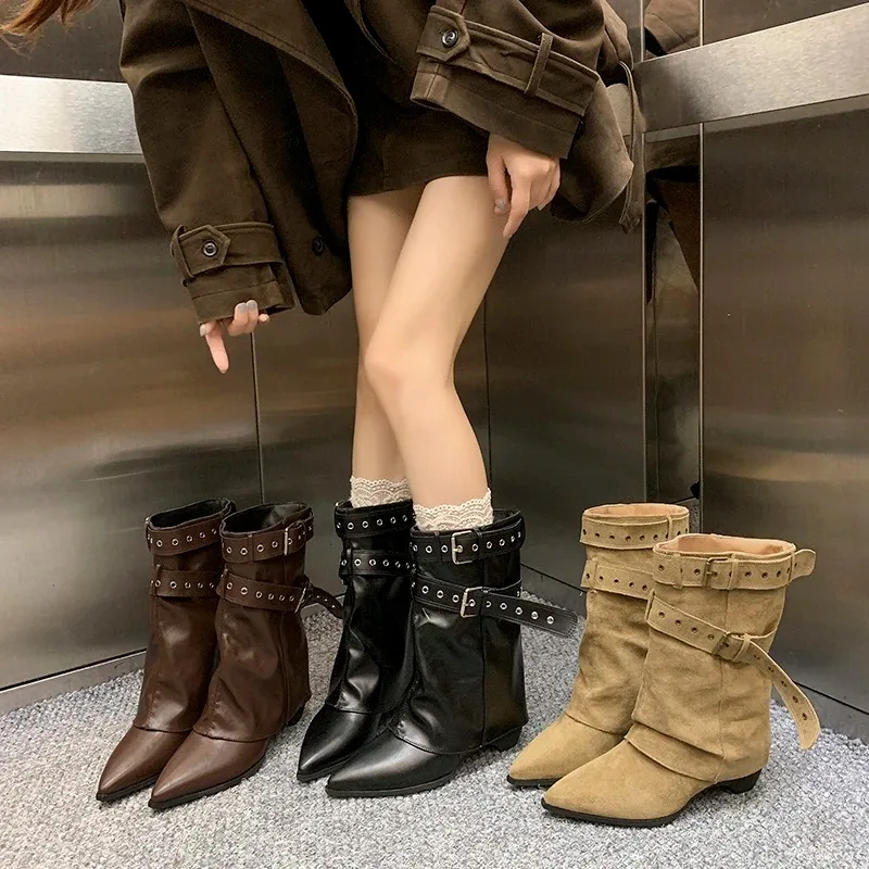 2025 botas de inverno femininas de dedo apontado designer de salto médio sapatos elegantes bombas botas de moda nova tendência vestido gótico senhoras