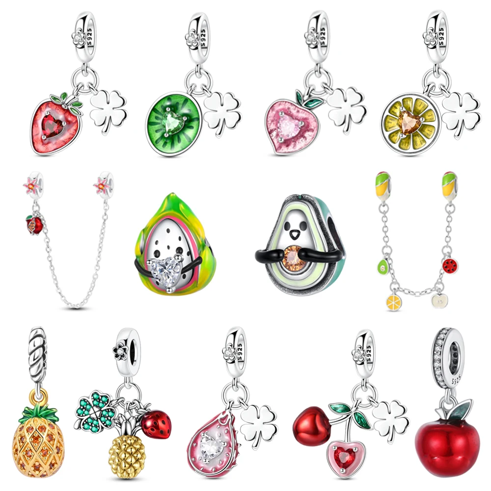 

Популярные бусины Питайя из стерлингового серебра 925 пробы, подвеска с клубникой и четырехлистным клевером, подходит для браслета и кулона с фруктами, подарки для вечеринки