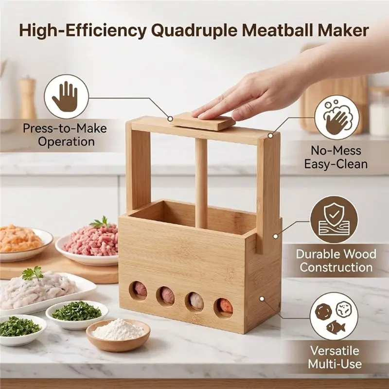 LLCS-Wooden Manual Quadruple Meatball Maker, For Quickly Meatball Production Tool, Making Mold Set For Rounded Items Pastry
