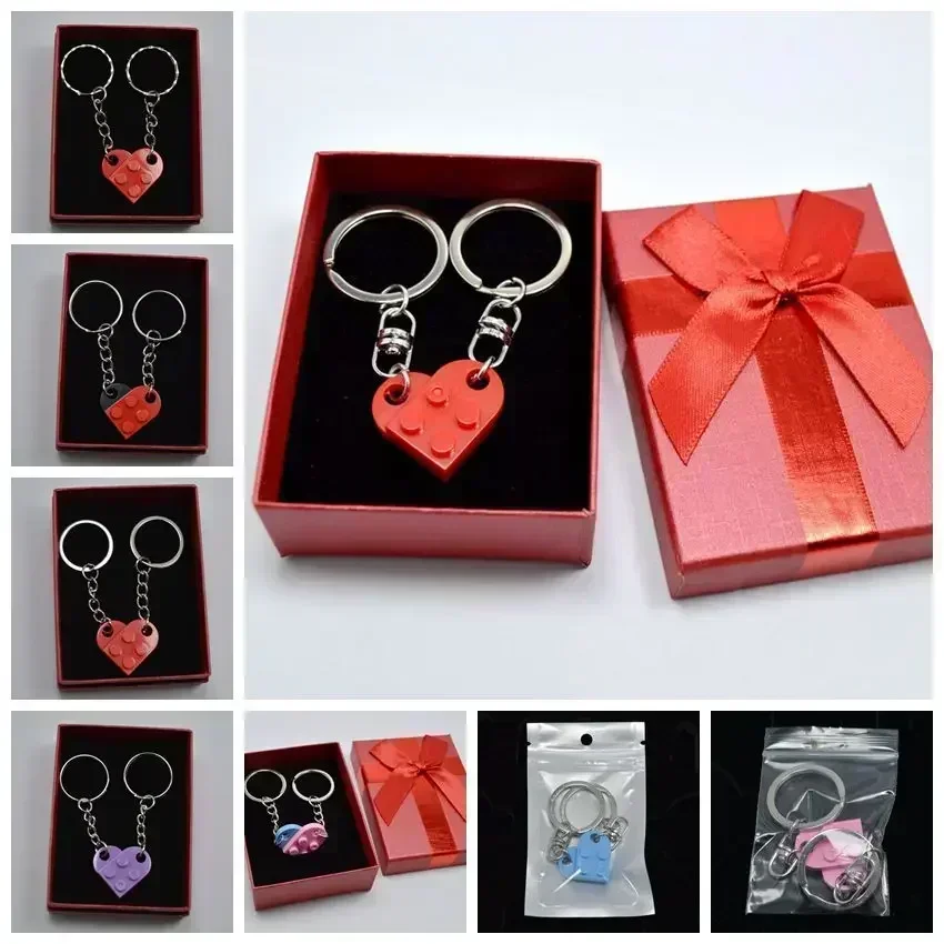 1Pair Cute Love Heart Building Block Keychains for Couples Women Men Friendship Separable Love Heart Brick Key Ring Jewelry Gift