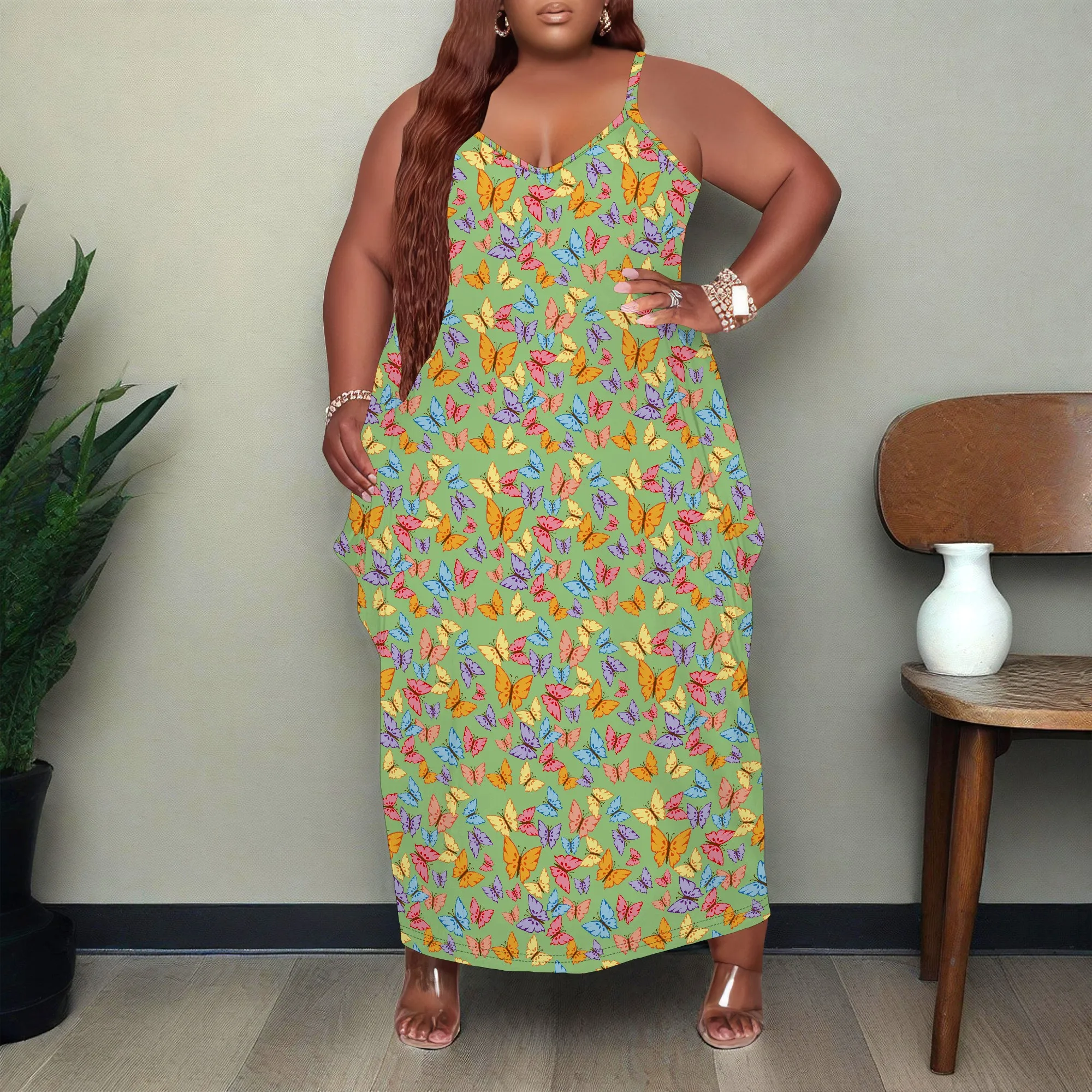 Women Plus Size Dress Loose Halter Long Dress with Pocket Stretchy Boho Butterfly Print XL-6XL​