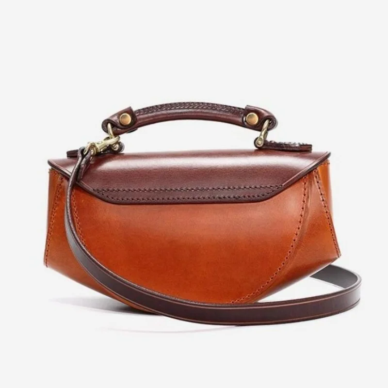 Top Handle Cowhide Cute Handbag for Lady Retro Style Versatile Leisure Flap Shoulder Bag Fashion Clutch and Purses