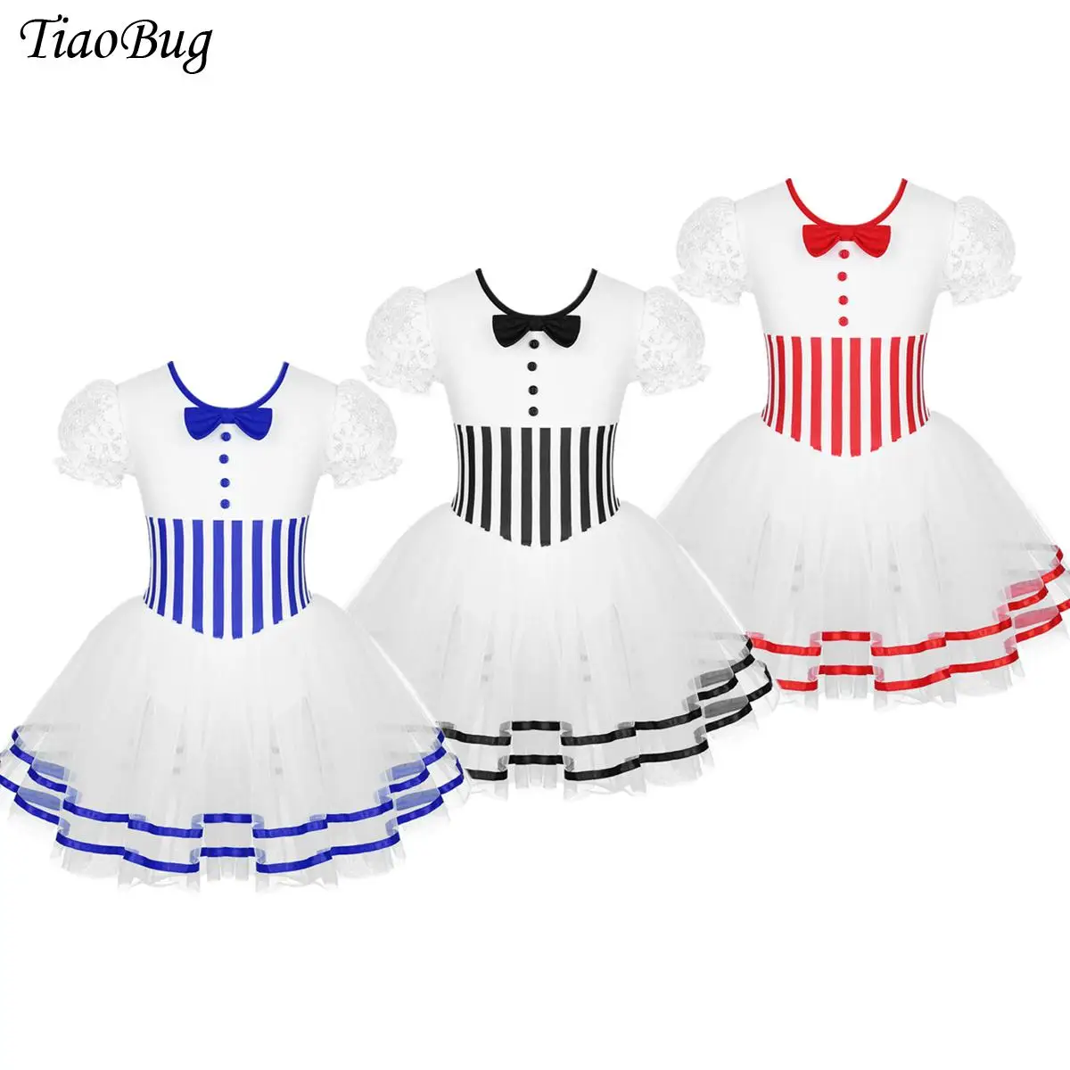 

Girls Christmas Ballet Dance Tutu Dress Lace Puff Sleeves Stripe Print Bow Mesh Candy Can Dress Figure Skating Gymnastic Leotard